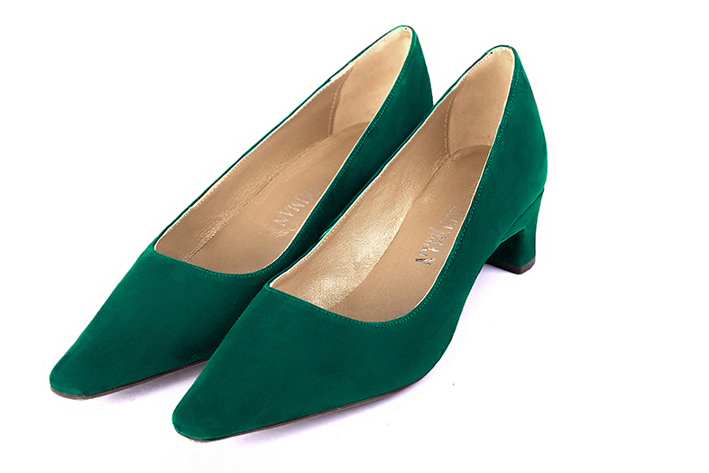 Emerald green women's dress pumps,with a square neckline. Tapered toe. Low kitten heels. Front view - Florence KOOIJMAN